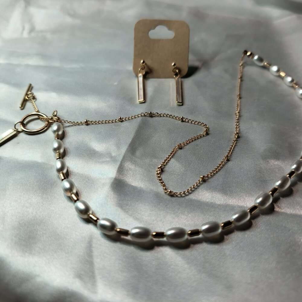 Handcrafted Margot Set - Gold-Tone With T-Bar Mother of Pearl Pendants